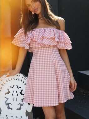 & Other Stories Pink Gingham Off-Shoulder Mini Skirt